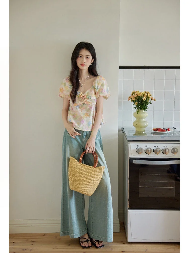 

ORWhite Summer 2025 Women's Vintage Sle Bubble Sve irt Floral adient Print Square Collar ort Sve UV Protection