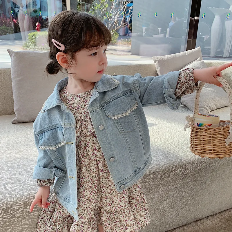 Korean Girls' Spring Clothing New Children's Pearl Denim Jacket Baby Spring and Autumn Jacket Foreign Style Cardigan Denim