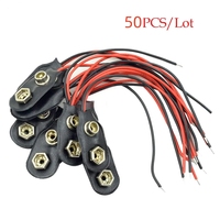 50PCS I Type 9V Clip-on Battery Connector Leather Shell Black Red Wired 9 Volt Battery Clip Connector Battery Holder For Arduino