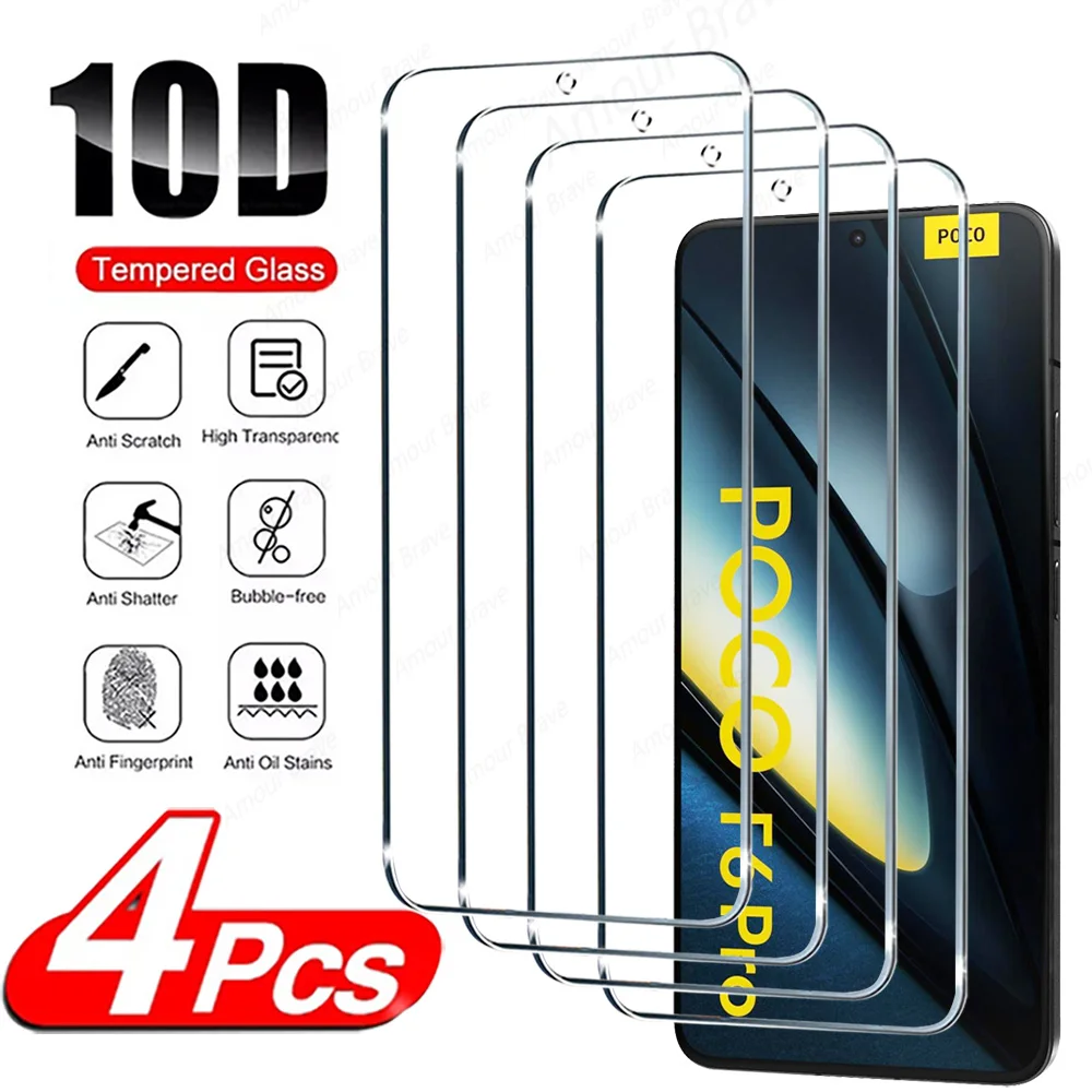 4Pcs HD Screen Protector For Poco F6 X6 Pro 5G X5 F5 F4 GT X4 M4 M3 M6 X3 Pro F3 M5 C65 Glass For Poco F6 X6 Pro Tempered Glass