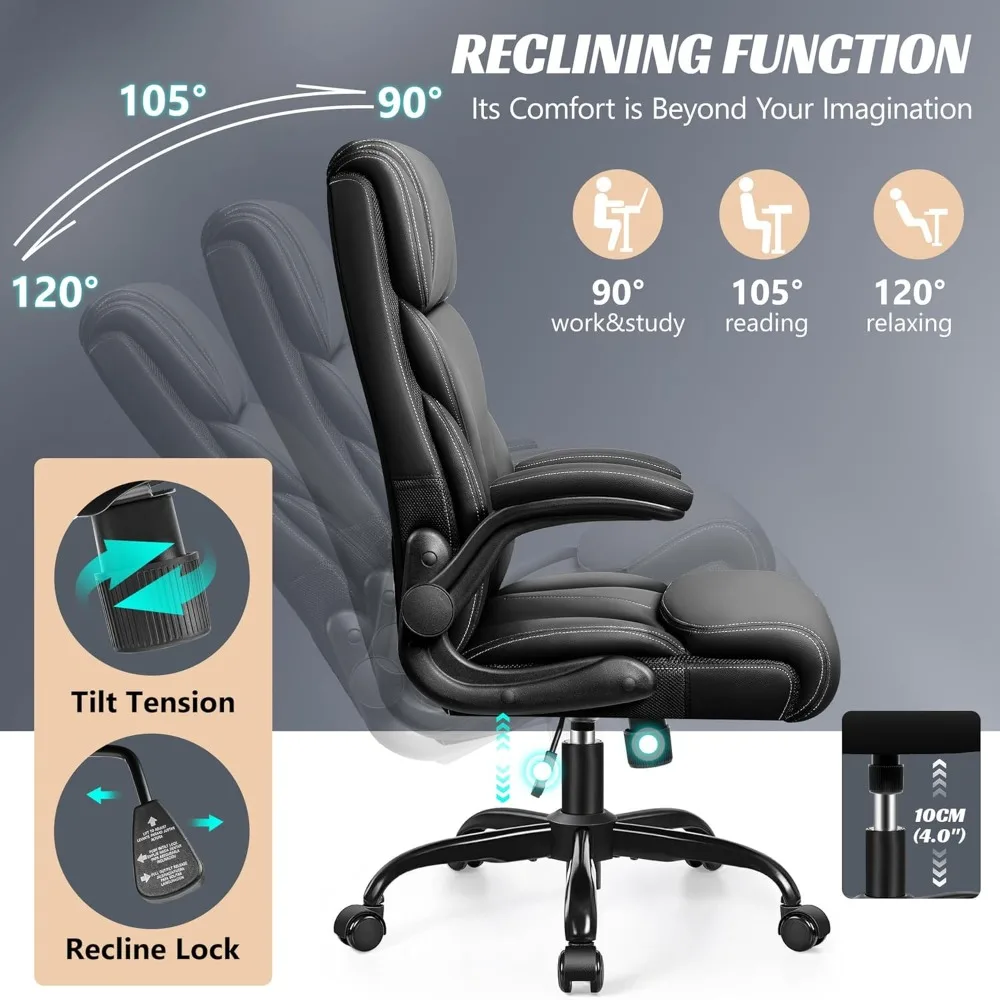Office Chair, Ergonomic Big and Tall Computer Desk Chairs, Executive Breathable Leather Chair with Adjustable Flip-up Armrests,