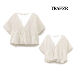 TRAF ZR Women's Stylish Blouses Embroideried Crop Top for Mujer V-neck Cover Up Back Tied Womens Raglan Tops Draped Ruffled Hem