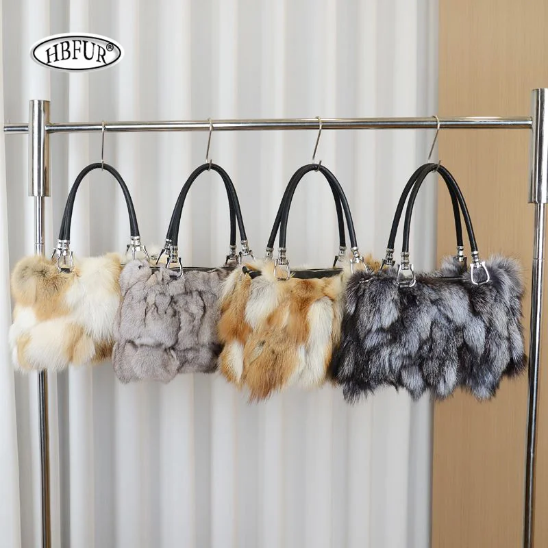 New Fashion Real Fur Shoulder Bag Women's Natural Fox Fur Handbags Luxury Tote Bags Purses Fluffy Silver Fox Fur Bag For Woman