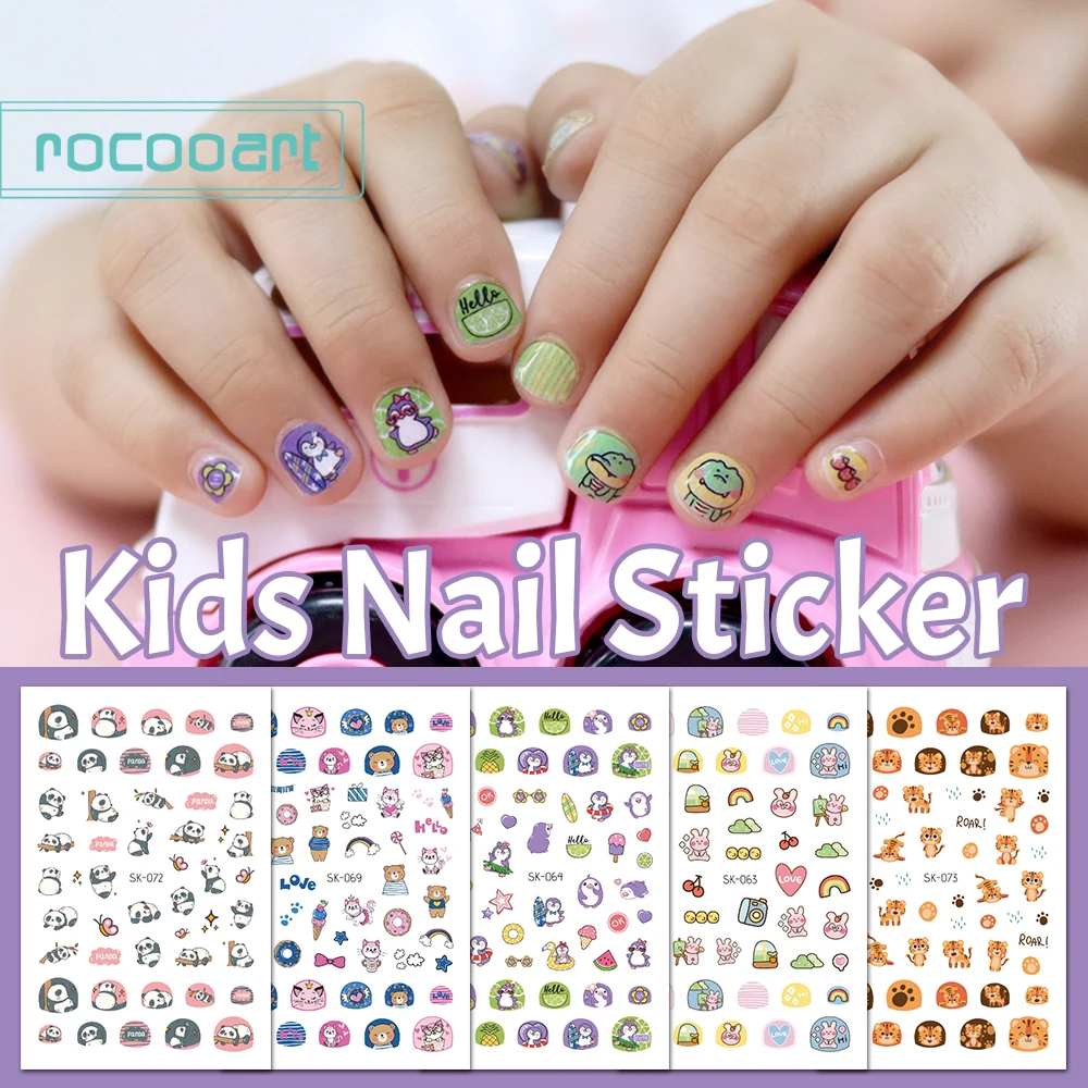 Rocooart Kids Nail Stickers Cute Panda Dino Tiger Nail Art Decorations Stickers For Children Nail Art Stickers Adhesive Nails