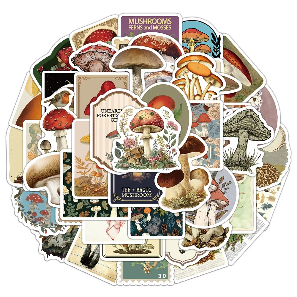 50PCS Vintage Mushroom Stickers Mushroom Types Handbooks Materials Phone Cases Laptop Luggage Waterproof Stickers
