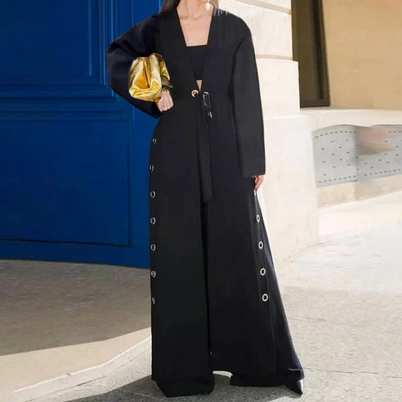 

Women's Spring Autumn Black Long Jackets 2025 New Loose Hollow Deep V-Neck Split-Joint Streamer Trench Coat for Urban Ladies