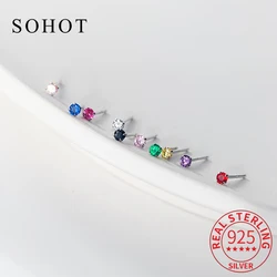 Real 925 Sterling Silver Tiny Round Single Zircon Ear Piercing Stud Earrings for Fashion Women Party Classic Fine Jewelry