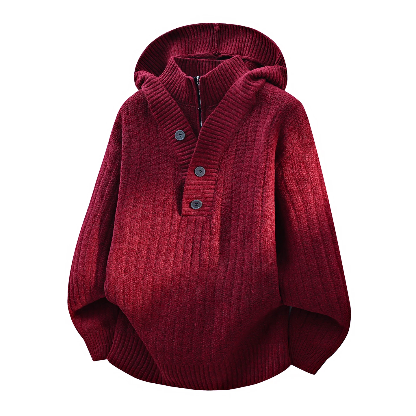 

Мужской утепленный вязаный свитер свободного кроя, красный, теплый, зимний, повседневный стиль, с капюшоном, имитация двухслойности, комфортный, дышащий