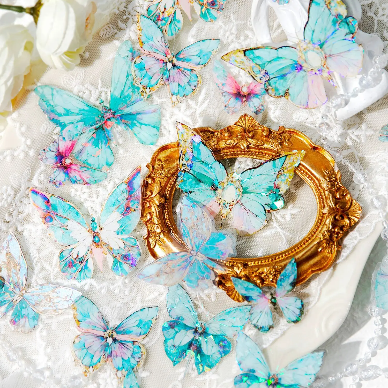 Yan Ji PET Adesivi Gemma Farfalla Serie Garden Oro Goffrato Farfalla Gemma Journaling Decor Materiali 20 Pezzi