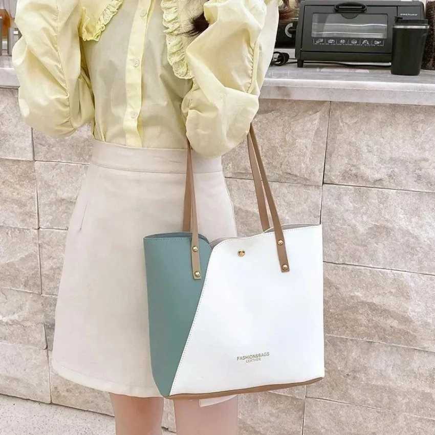 Fashion Contrast Color Patchwork Women Shoulder Bag Large Capacity PU Leather Hot Stamped Casual Shopping Handbag Lady Bags