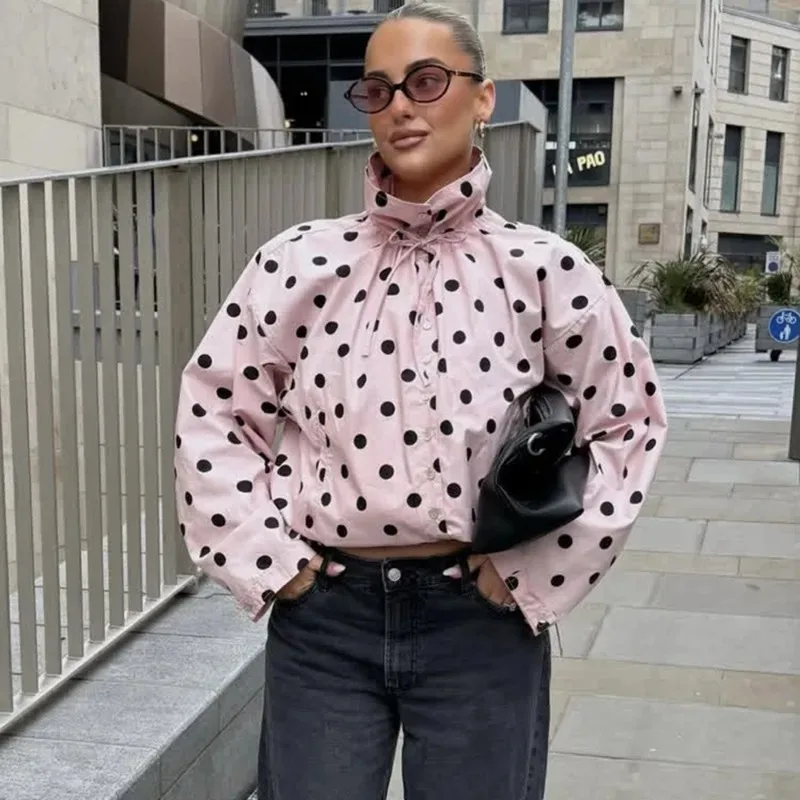 

Ticketsx Women's Polka Dot Jackets Fashion New Contrast Lace Up Button Loose Coats Vintage Female Commuter Streetwear Clothing