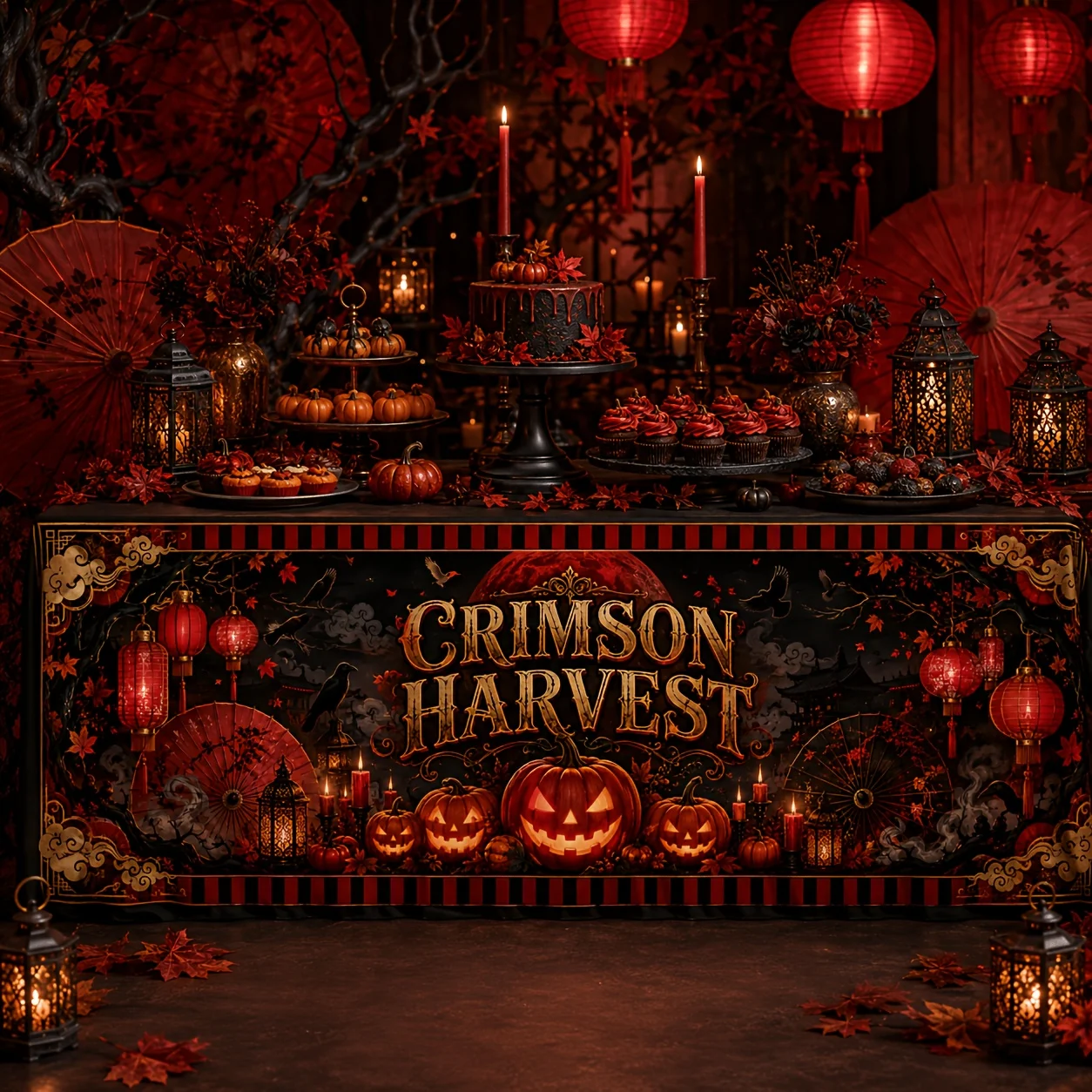 The red harvest print table skirt is suitable for bars and celebration decorations. It is made of polyester material.xzj