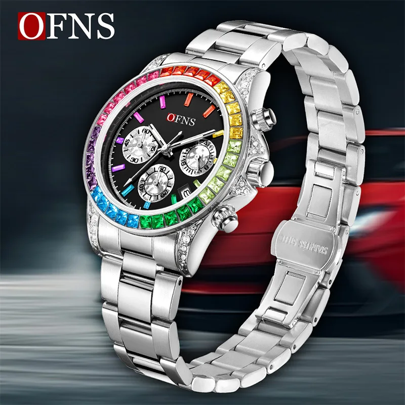OFNS1579 Rainbow Diamond Chronometer Men's Watch Six Pin Quartz Movement Waterproof Calendar Night Light Luxury Women's Watch