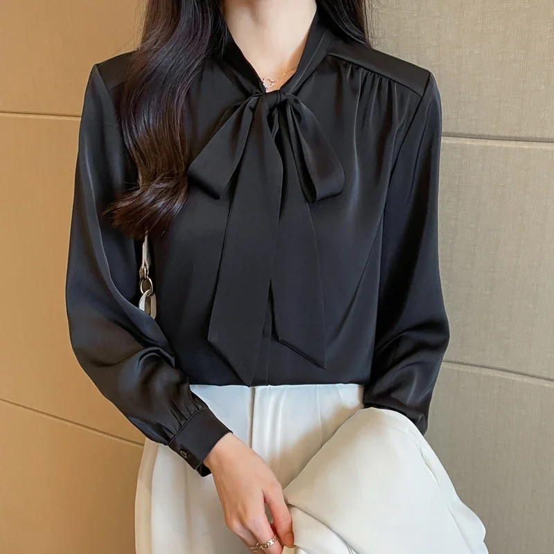 2024 Autumn Shirt for Women Korean Fashion Long Sleeve Women\'s Clothing New Black Bow Lantern Sleeve Womens Tops OL Satin Blouse