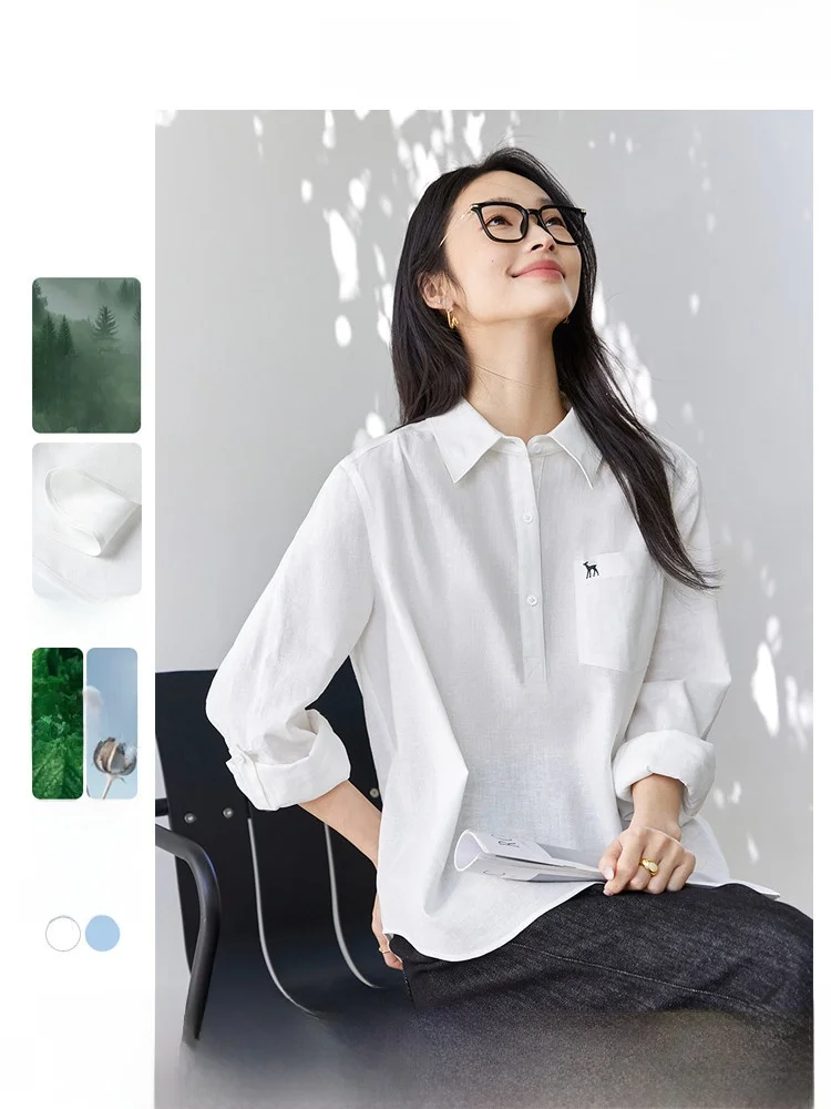 

Ele Long Sve Embroidered irt Women's Loose Sle Commute Faion Cotton Blend Fabric Button Detailing Mid-Length