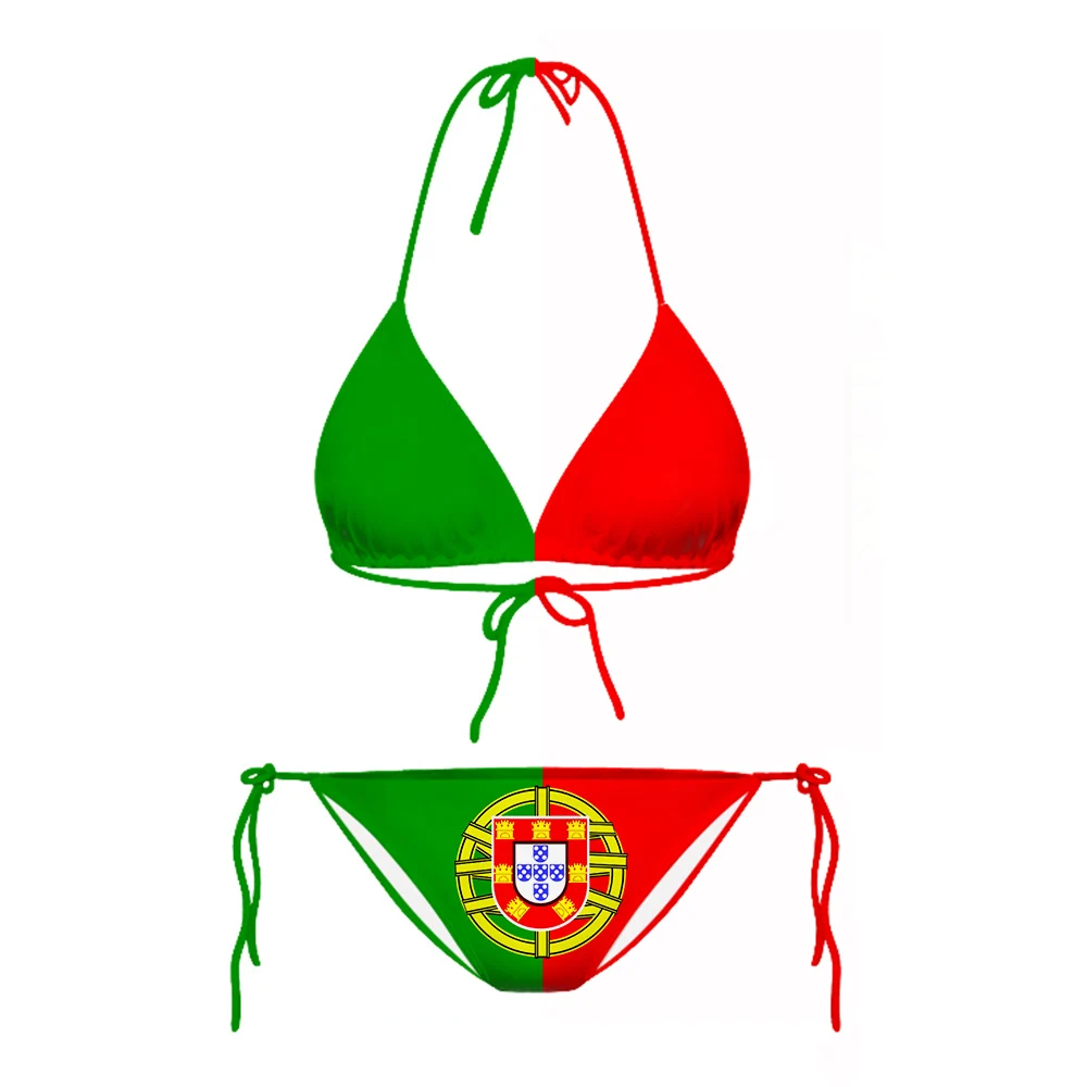 MSIEESO Portugal Flag Sexy Bikini Sets 3D Printed Swimsuit Beach Pool Vacation Adjustable Lacing Bikini Suits No Chest Pad