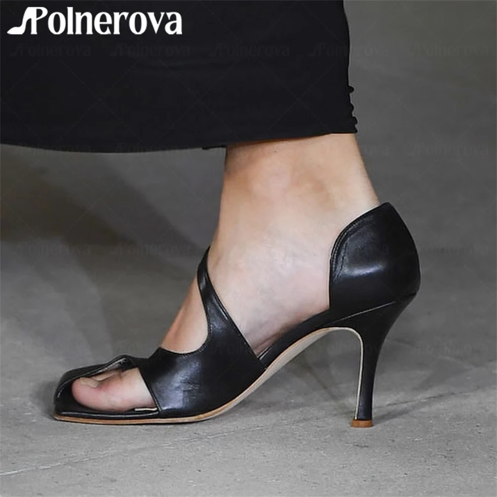 Asymmetrical Square Toe Sandals Novelty Style Handmade Leather High Heels Ankle Buckle Designer Style Women's Fashion Stilettos