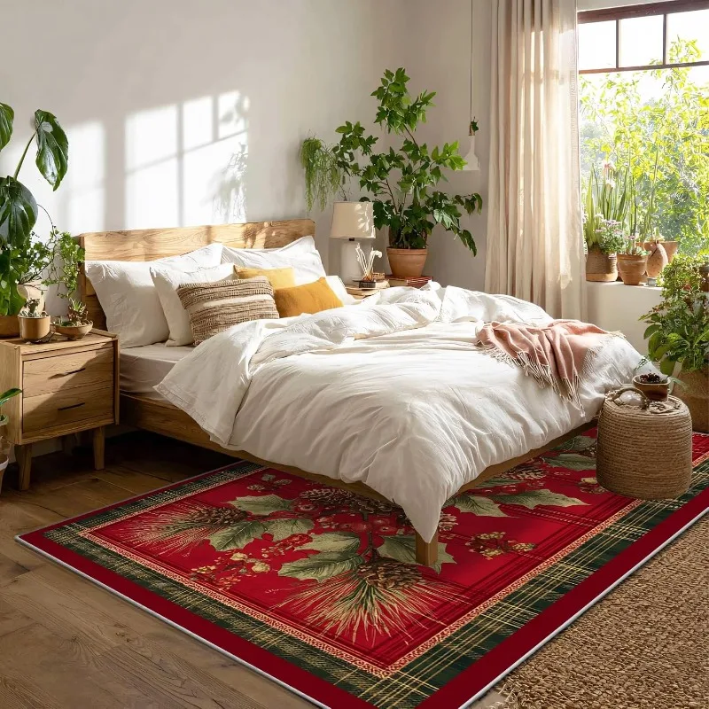 Rustic Christmas Pinecone Holly Berries Area Rug,Red Plaid Low Pile Rectangle Floor Rug for Living Room Bedroom Xmas Home Decor