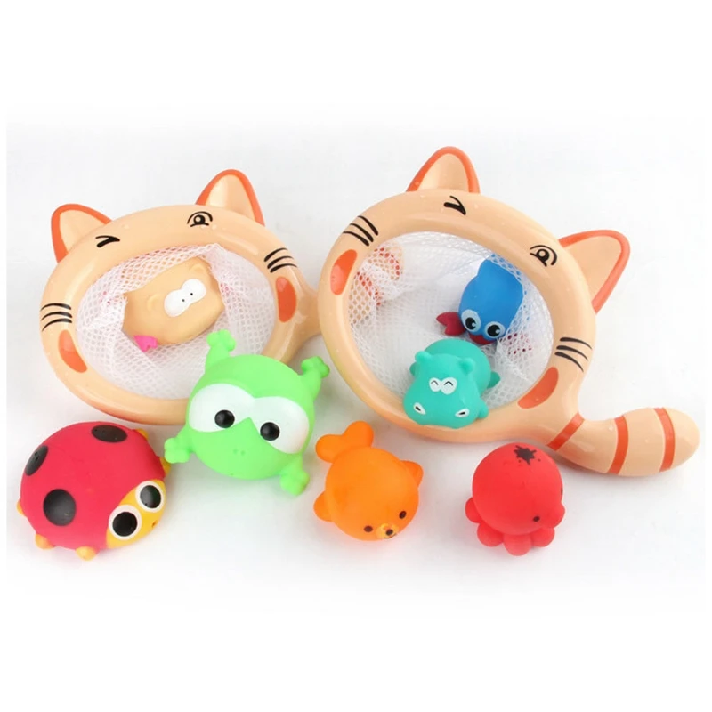 Hot Sale Fishing Toy Cartoon Animals Cat Shark Net Bag Pick Up Ocean Ball Swimming Play Water Bath Toy Gifts For Children Baby