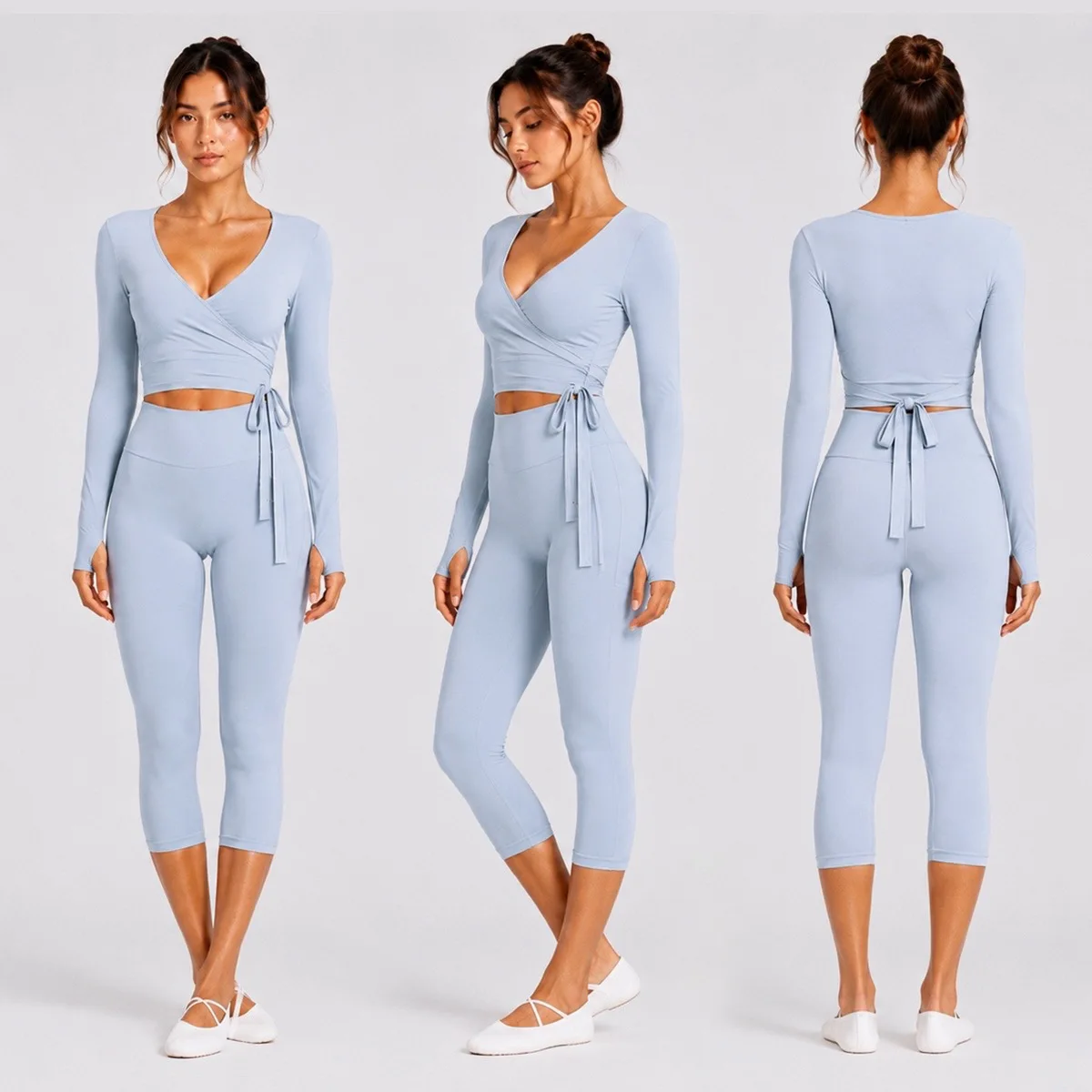 Women 2Pcs Yoga Set Long Sleeve Wrap Tie Crop Top High Waist Capri Leggings Set Gym Fitness Pilates Ballet Workout Sports Suit