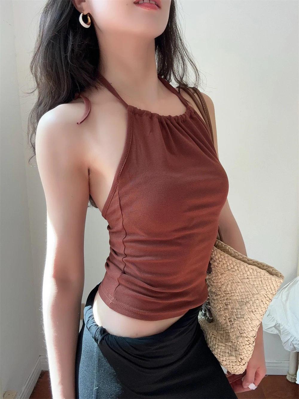DADANA Romantic Women's Sexy Backless Strap Top Slimming Vest Holiday Style Pure Cotton Elastic Fitting Outerwear for Ladies
