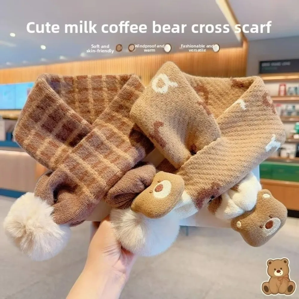 Thickened Children's Scarves Cold-Proof Cute Milk Coffee Little Bear Neck Scarf Cross Scarf Knitted Scarf For Boys and Girls