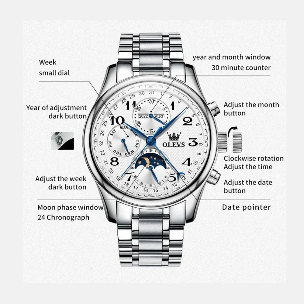 OLEVS Mechanical Watches for Men Stainless steel Men\'s Watch Dual Calendar Moon Phase Waterproof Business Automatic Wrist Watch