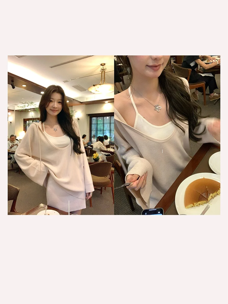 

CloudSweet женский вязаный комплект из футболки с капюшоном и v-образным вырезом, повседневный топ с капюшоном из полиэстера и шерсти