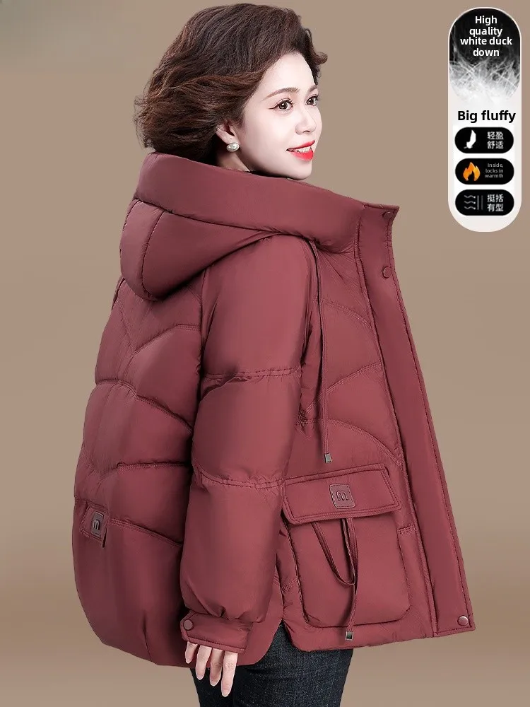 

Зимняя модная короткая пуховая куртка для женщин среднего возраста, новинка 2024 года, красное хлопковое пальто, женская одежда для осени и зимы