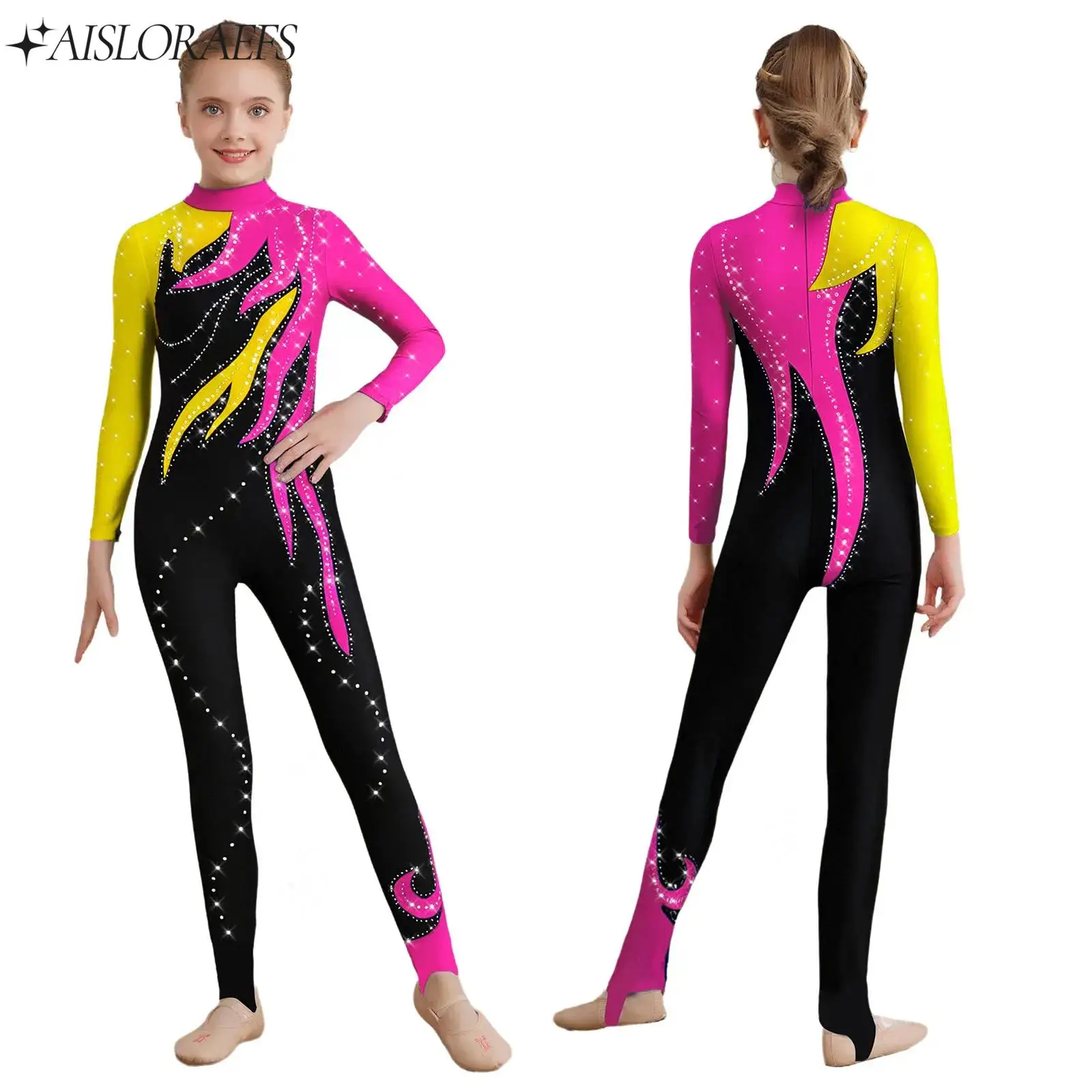 

Girls Glittery Rhinestones Gymnastics Jumpsuit Long Sleeve Full Body Leotard Acrobatics Bodysuit Figure Skating Ballet Dancewear