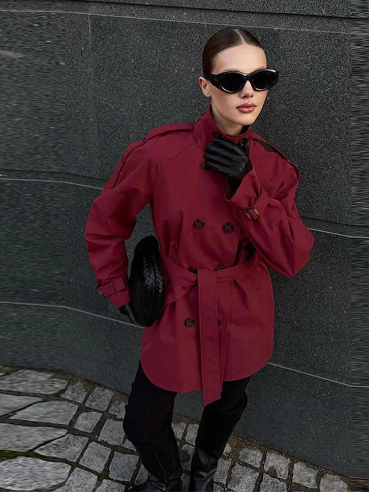 Stehkragen Doppelreihiger Kurzer Trenchcoat mit Gürtel für Damen, Street-Style mit Epauletten, Langarm, Einfarbig, Locker Geschnittene Jacke, Neue Damen-Oberbekleidung – Detail 8
