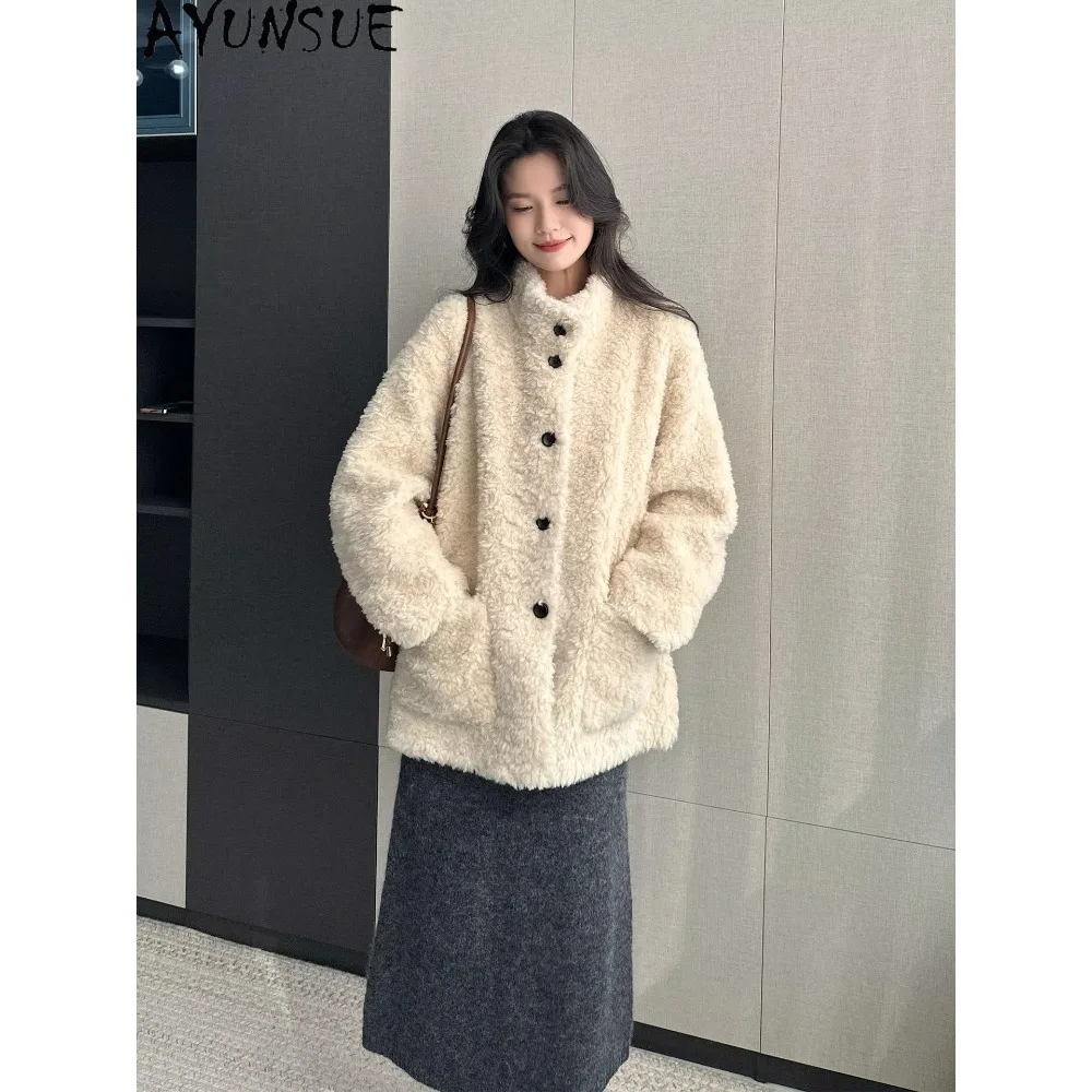 AYUNSUE 100% Wool Coat Women Warm Grain Sheep Shearling Jackets Woman Winter Jacket Loose Fit New in Outerwears Casaco Feminino