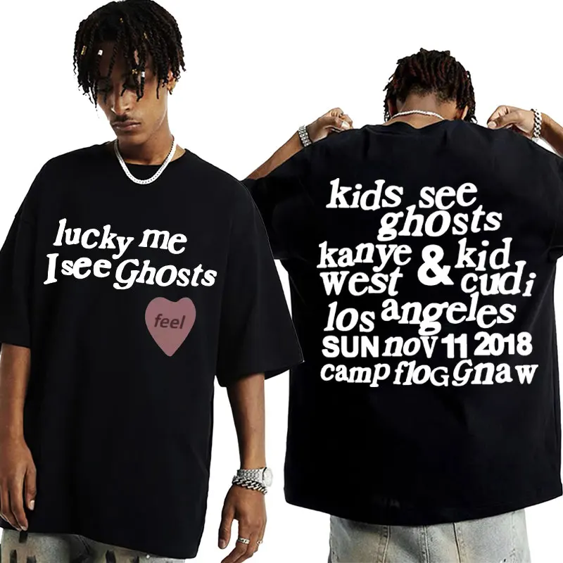 Kids See Ghosts T-shirt - Lucky Me I See Ghosts - Kanye West Letters Print T Shirts Men's Women Summer O-Neck Loose T Shirt Tops