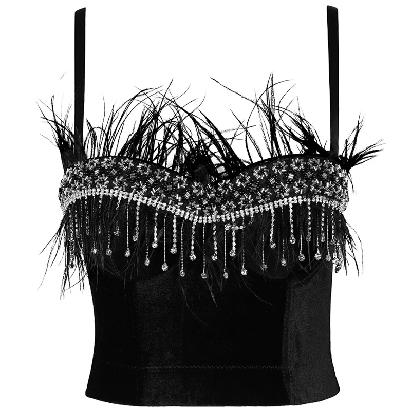 Autumn Beading Feather Tank Top Women Shirt Streetwear Ropa Casual Shaper Woman Bra Fashion Clothes Crop Top Ladies Corset Blusa