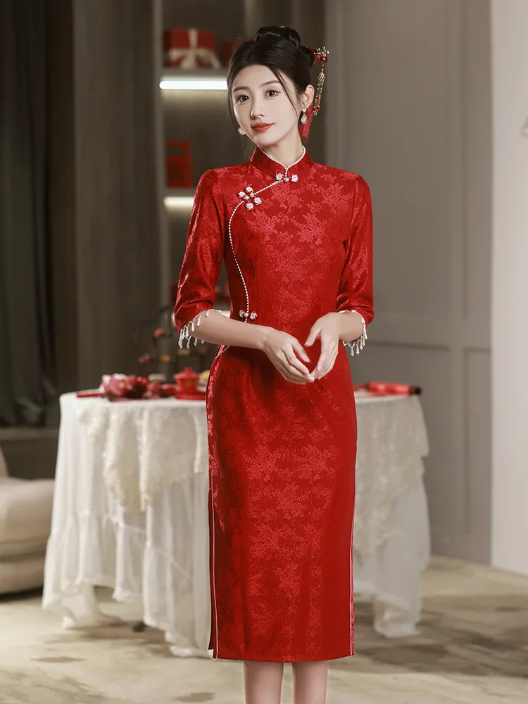 

FZSLCYIYI Vintage Beaded Mandarin Collar Tassel Cuff Chiffon Mid-Length Qipao Chinese Cheongsam Women Wedding Dress