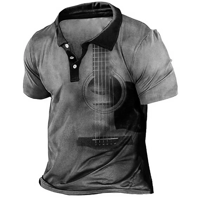 Vintage Guitar Print Summer Men\'s Button Down Collar Polo Shirt Casual Short Sleeve Oversized Tops Fashion Sportwear Men Clothes