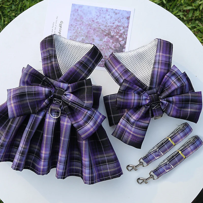 JK Dog Dress Harnesses with Leash Set Plaid Puppy Girl Skirt Doggy Dresses with Leash Ring Doggie Clothes for Small Medium Dogs