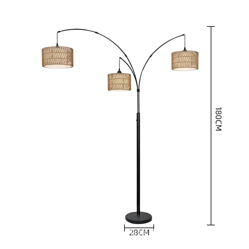 American country floor lamp living room study bedroom creative and simple three-head rattan cloth cover adjustable angle fishing