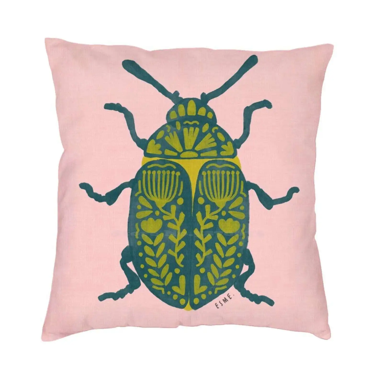 Scandi Beetle Floral On Pink Home Sofa Car Cushion Cover Pillowcase Beetle Scandi Pink Clash Yellow Green Floral Entomology