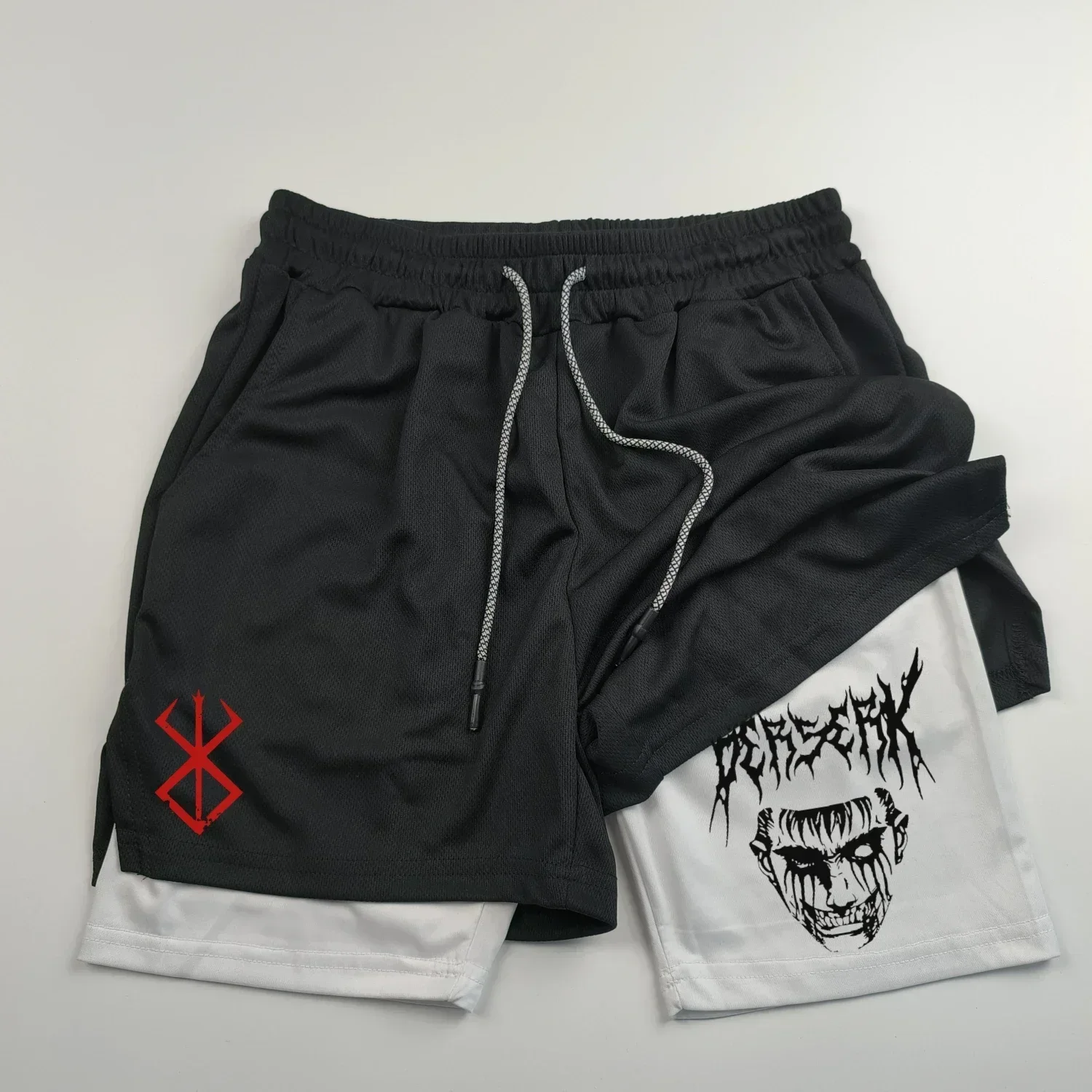 남성용 패션 트렌드 및 스포츠 애니메이션 반바지, 빠른 땀 흡수 러닝 트레이닝 스포츠 반바지, 2 인 1 헤드 스피드