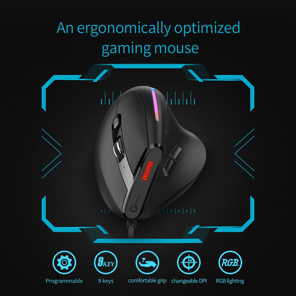 Ergonomic Wired Vertical Optical Mouse for PC/Laptop/Desktkop,12800DPI Adjustable Wired Game Mouse with Programmable,RGB Backlit