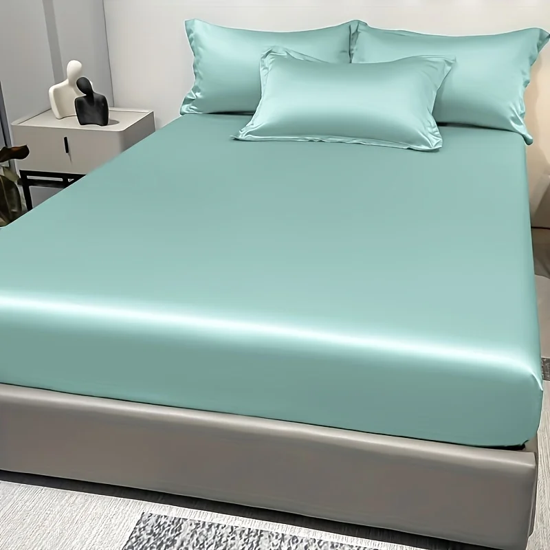 1 Simple Modern Satin Solid Color Fitted Sheet,Water Green Color Ice Silk Bedspread For Bedroom,Bedding (Excluding Pillowcases)