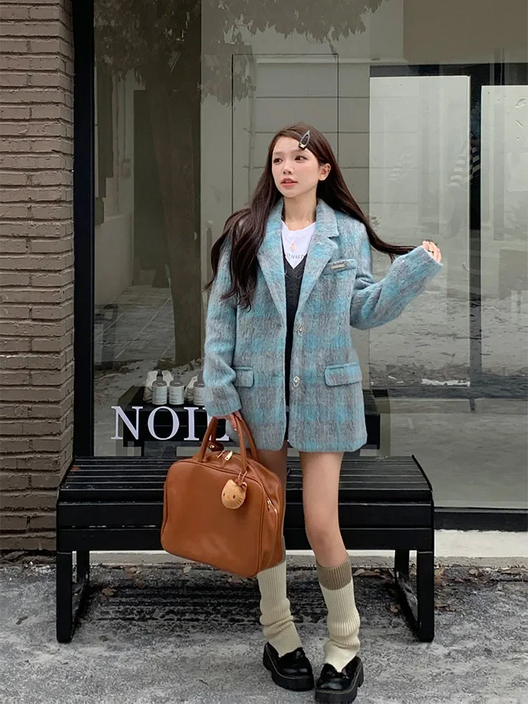 Insozkdg 2024 autunno inverno nuovi arrivi Chic Tweed Suit donna con motivo scozzese blu e isolamento ispessente di alta qualità