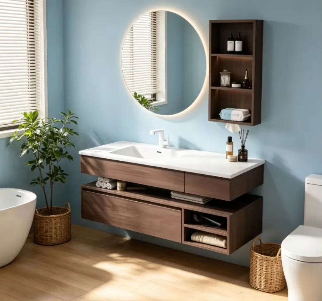 Modern Floating Bathroom Vanity with LED Round Mirror, Walnut Finish, Wall Mounted