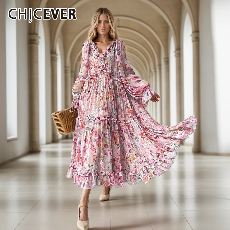 

CHICEVER Loose Holidy Maxi Dress For Women V Neck Long Sleeve Splicef Ruffles Printing Elegant Dresses Female Autumn Clothes New