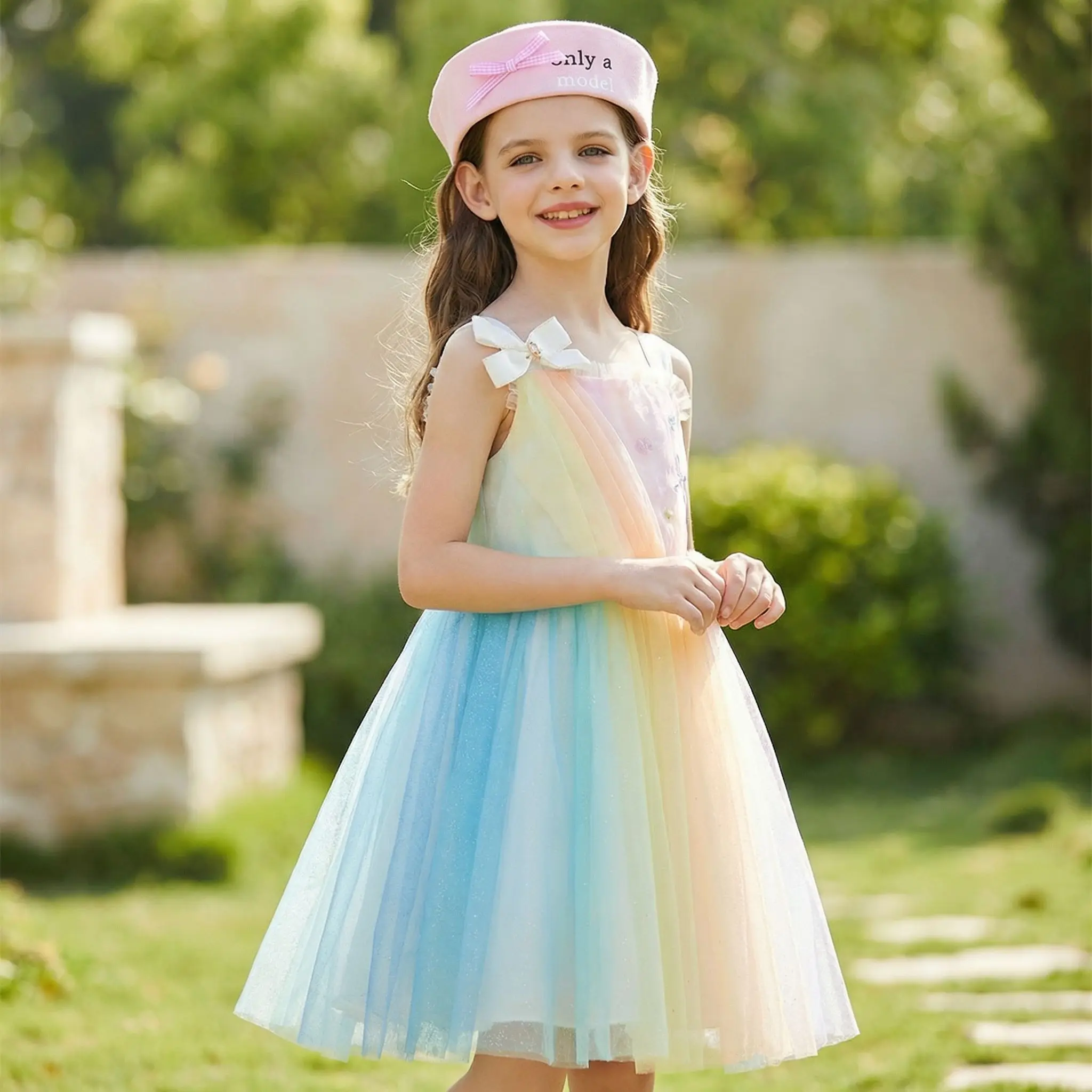 

2026 Rainbow Gradient Mesh Girls Dress Shiny Sequin Bow Princess Gown Kids Birthday Party Dresses Fairy Wedding Vestidos Cloth