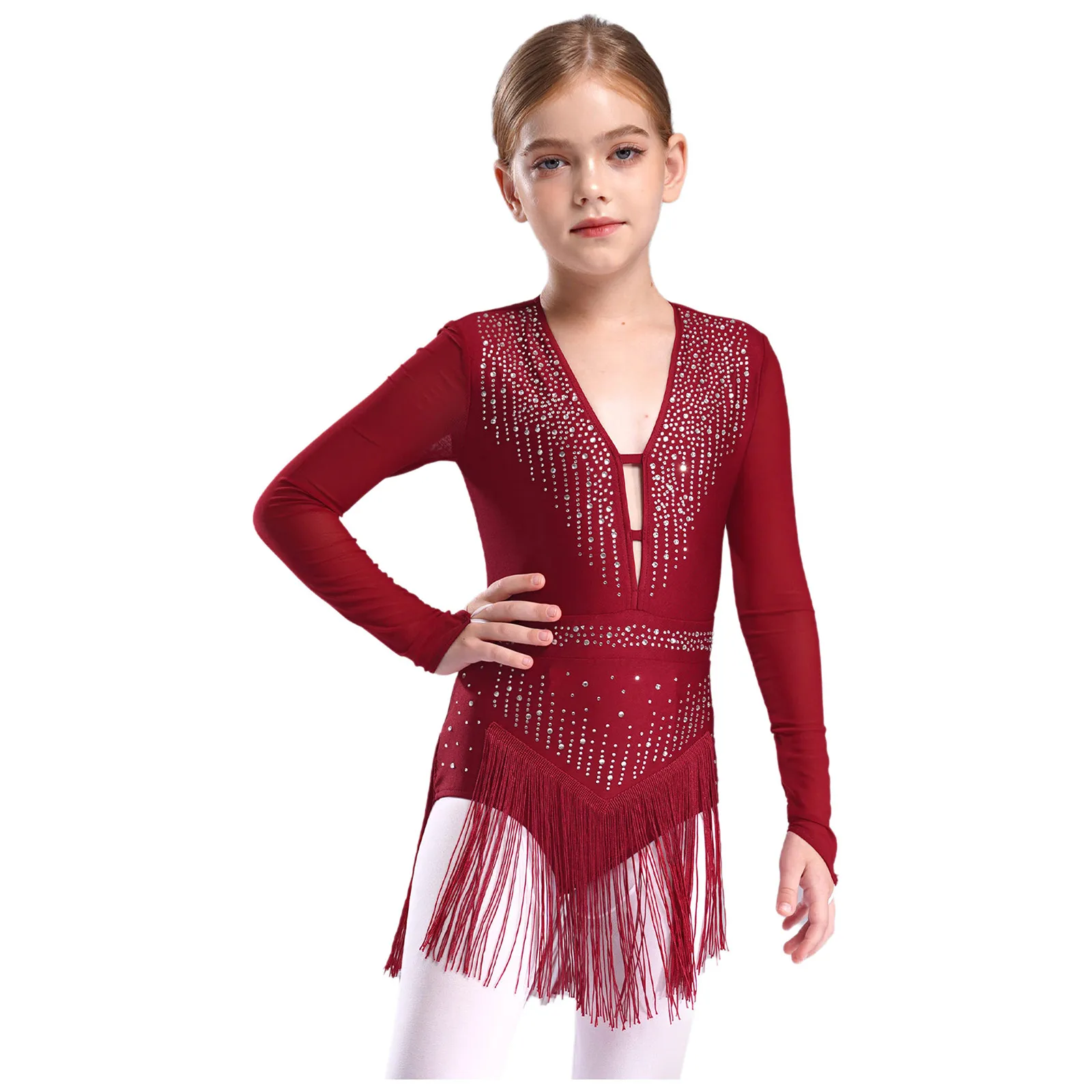 

Kids Girls Rhinestone Fringe Tassel Latin Figure Skating Dance Costume Long Sleeve Gymnastics Leotard Ballet Lyrical Dance Dress