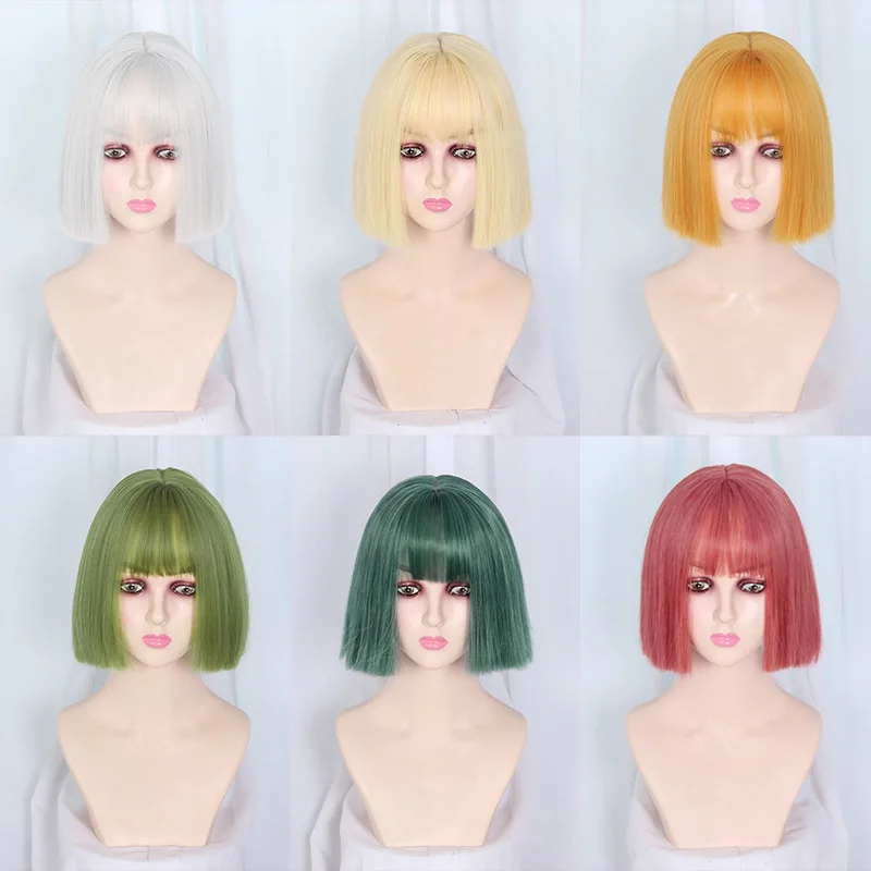 

11-inch Synthetic Short Straight Bob Wig with Bang Heat Resistant Green Lolita Anime Cosplay Wigs for Women Daily Hair