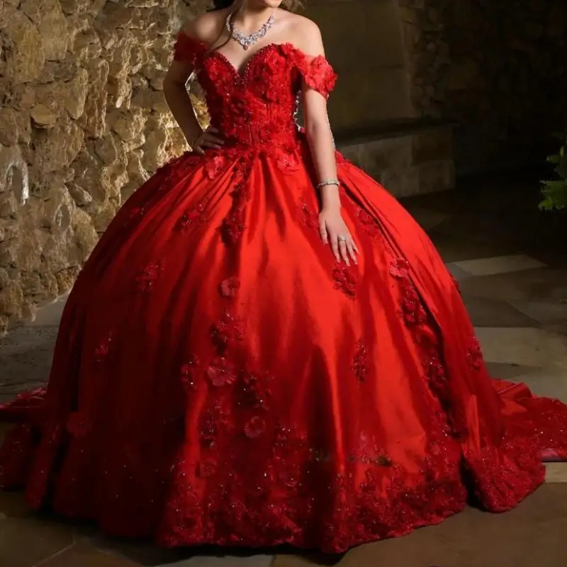 Charming Red Women Prom Dresses 2024 Cap Sleeve 3D Flower Satin Ball Gown Skirt Vestido De 15 16 Quinceanera Formal Party Dress