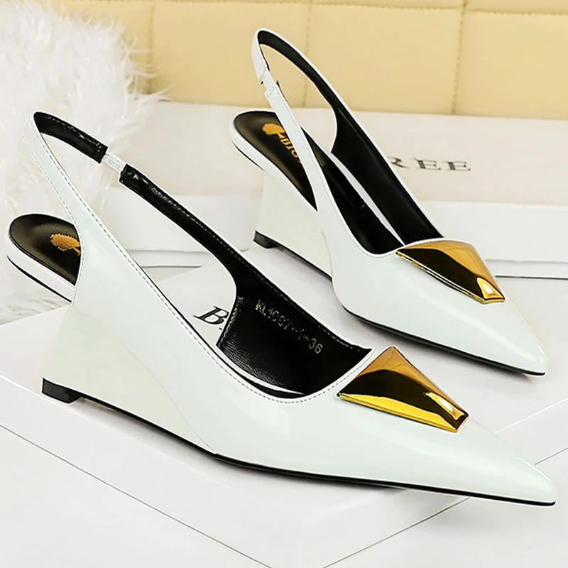 Patent Leather High Heels Wedges Shoes Lady Trendy Pumps Pointed Toe Hollow Back Strap 6.5 Cm Women Sandals White Heels Shoes